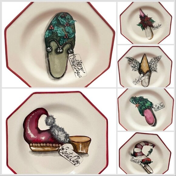Christmas Unique Shoes Holiday Lane VTG Y2K Set Of 6 Salad/Dessert Plates NEW - Picture 1 of 11